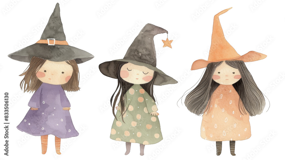Cute cartoon illustration of little witches dressed in whimsical costumes with pointed hats. The witches are depicted in vibrant colors and charming details, perfect for Halloween themes. Cute cartoon illustration of little witches dressed in whimsical costumes with pointed hats. The witches are depicted in vibrant colors and charming details, perfect for Halloween themes.