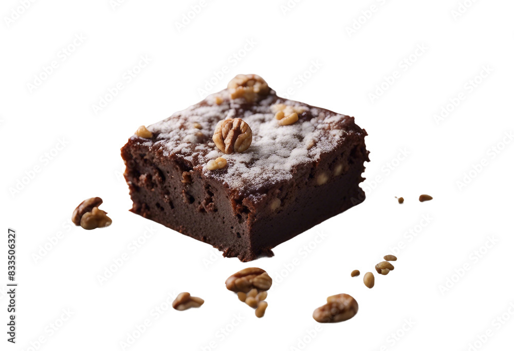 A decadent chocolate brownie topped with walnuts and dusted with powdered sugar isolated on transparent background A decadent chocolate brownie topped with walnuts and dusted with powdered sugar isolated on transparent background