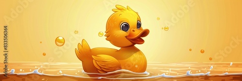 Adorable of a cute yellow duck happily waddling and swimming through a calm serene pond filled with whimsical bubbles This vibrant minimalist graphic depicts the joyful playful nature of this beloved photo