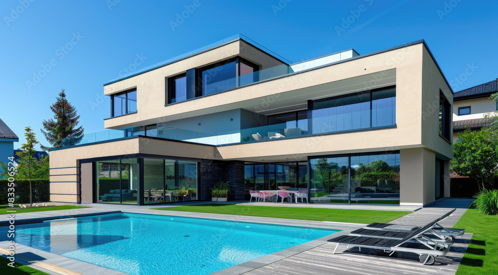 Modern house with pool and terrace, view from the front of two floors, beige walls with large windows and black roof, gray wooden floor, green lawn on one side, swimming pool in front of it