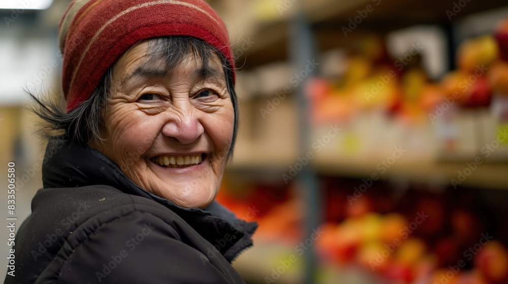 A woman wearing a red hat and black jacket smiles A woman wearing a red hat and black jacket smiles