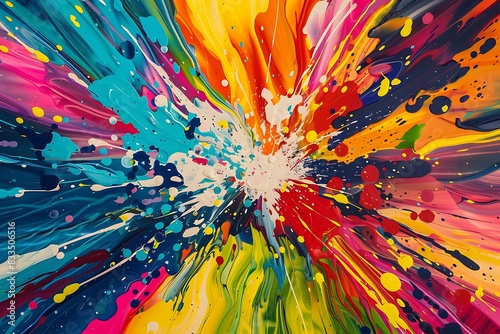 A vibrant explosion of color bursts outwards from a central point  leaving trails of dripping paint in its wake