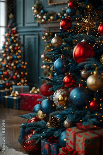 Christmas tree with red and blue ornaments photo