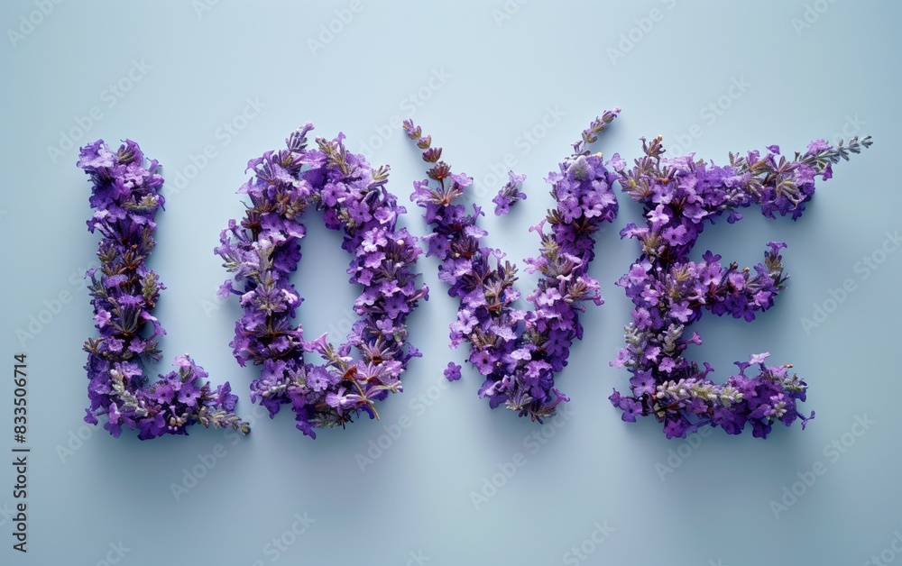 The word 'LOVE' creatively spelled out using purple flowers on a light blue background, symbolizing romance and affection. The word 'LOVE' creatively spelled out using purple flowers on a light blue background, symbolizing romance and affection.