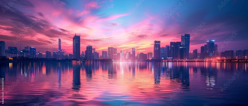 Fototapeta premium cityscape with river view, bridges and reflections, twilight scene, focus on, natural hues, Double exposure silhouette with water ripples