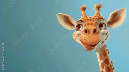 Joyful and Whimsical of a Giraffe with a Long Neck and a Cheerful Adorable Facial Expression on a Colorful Blue Background Ideal for Use in Nature Wildlife Animal Lifestyle and Graphic Design Projects photo