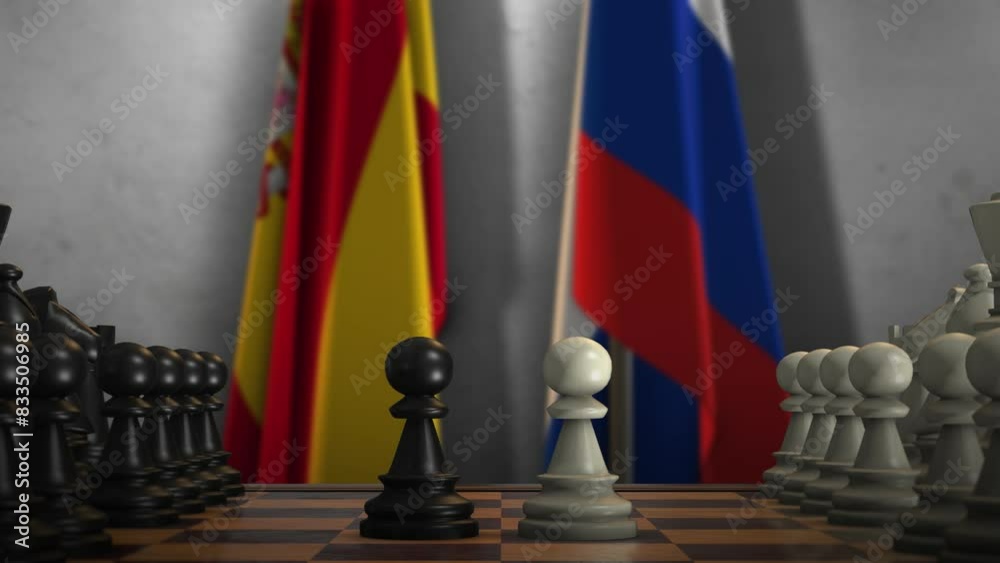 Spain and Russia National Flags with Chess Game Animation. Politics Concept, Government Conflict Spain and Russia National Flags with Chess Game Animation. Politics Concept, Government Conflict