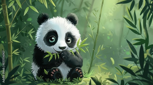 Charming of a snuggly panda bear happily munching on lush bamboo in a peaceful verdant forest setting photo