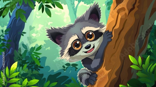 Whimsical of a mischievous raccoon peeking out from behind a tree trunk in a dense verdant forest with lush foliage