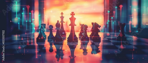 corporate strategy planning, chess pieces on board, conference room, focus on, bright hues, Double exposure silhouette with growth arrows © Purichaya
