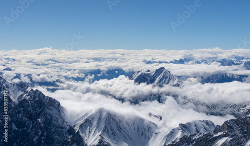 Panoramic view of snow-capped mountains from the Zugspitze peak in the Alps 