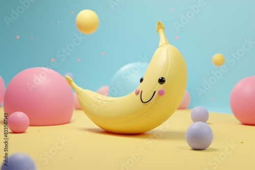Banana with colorful balloons. 3d rendering