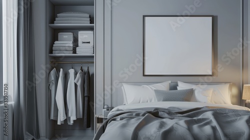 Mockup frame on the wall in a grey hotel bedroom interior with a bed and clothes in the wardrobe (close up, hospitality design, realistic, Fusion, luxury hotel backdrop) © Wimon