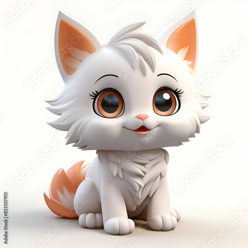 Cute cartoon cat sitting on white background. 3D rendering.
