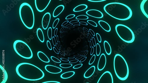 Neon glowing green circles emitting from a black hole. 3D rendering as seamless looping background for motion graphics and videos