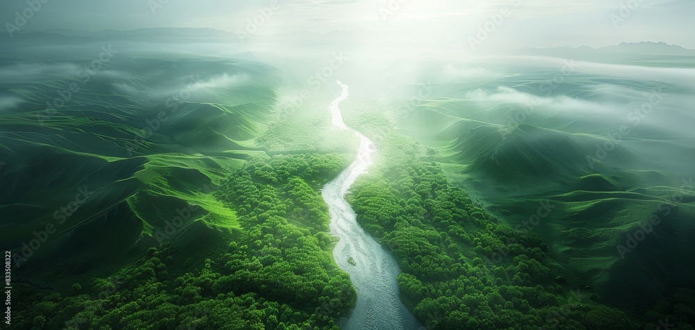 flowing river through a green valley, peaceful nature, close up, rich tones, Double exposure silhouette with water currents