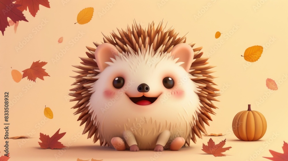 Cute and Adorable Hedgehog Character Rolling into a Ball with Friendly Smiling Face in Autumn Woodland Scene with Falling Leaves and Pumpkin Cute and Adorable Hedgehog Character Rolling into a Ball with Friendly Smiling Face in Autumn Woodland Scene with Falling Leaves and Pumpkin