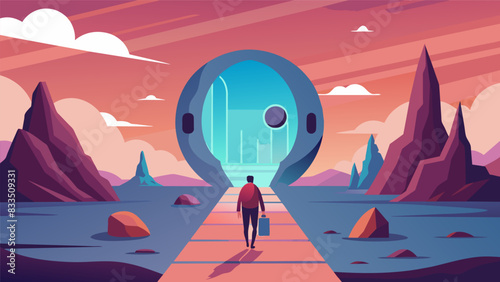 As you enter the energy pod youre transported to an otherworldly landscape pushing your body to its limits while exploring new virtual worlds.. Vector illustration