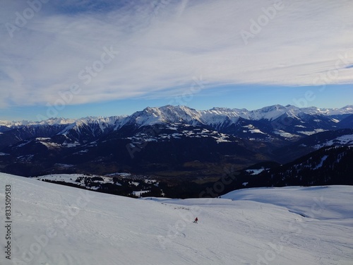 snowboarding at a ski resort in the mountains Laax Switzerland