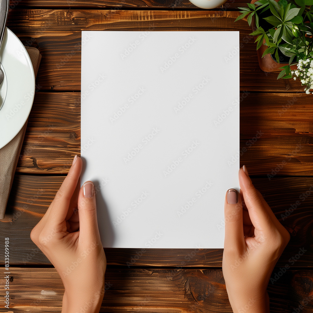 POV view, front views, blank menu, restaurant menu in the woman hands, mockup view, minimalist, strong view POV view, front views, blank menu, restaurant menu in the woman hands, mockup view, minimalist, strong view