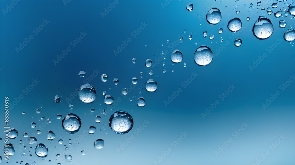 Blue background with natural water drops on glass, Generative AI