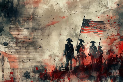 Silhouettes of revolutionary soldiers holding an American flag amidst an abstract, colorful background representing a historic battle scene. photo