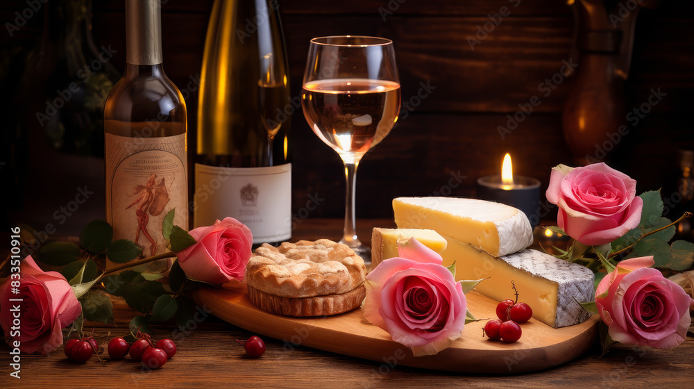 Refined still life with white wine, cheese and grapes on a wicker tray on a wooden table on a dark background.