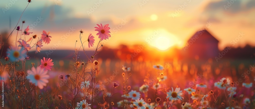 sunset in the countryside, fields and wildflowers, close up, bright hues, Double exposure silhouette with rustic barn sunset in the countryside, fields and wildflowers, close up, bright hues, Double exposure silhouette with rustic barn