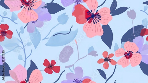 Soft blooms flat design front view delicate theme animation vivid. Seamless Pattern, Fabric Pattern. © Thanthara
