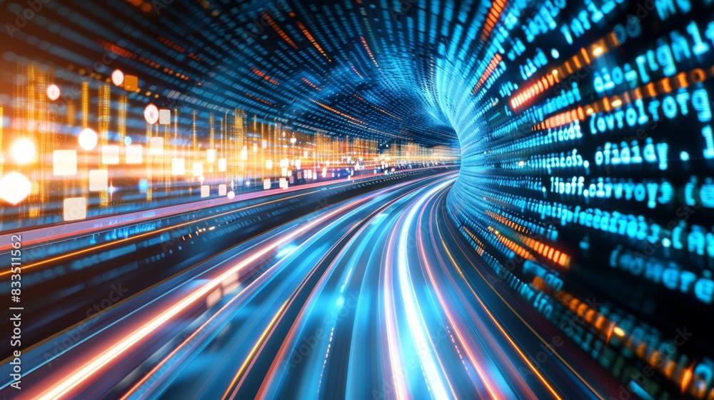 High-Speed Data Stream Tunnel with Binary Code - Futuristic Technology Concept High-Speed Data Stream Tunnel with Binary Code - Futuristic Technology Concept