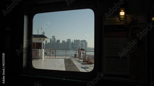 New York City skyline through boat window