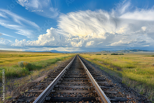 horizontal image of a railway crossing the countryside in a  sunny day, beautiful clouds at the horizon photo