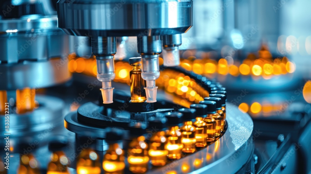 A Medical Ampoule Production Line at Modern Modern Pharmaceutical Factory. Medication Manufacturing Process A Medical Ampoule Production Line at Modern Modern Pharmaceutical Factory. Medication Manufacturing Process