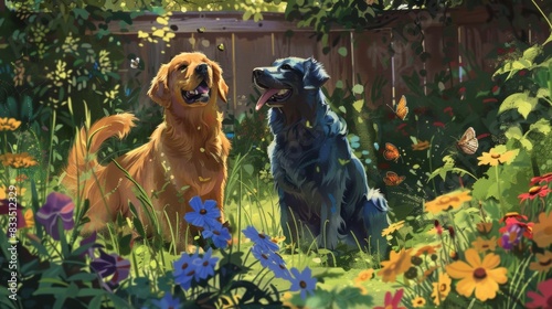 At a local community garden a Golden retriever and blue Maine Coon assist in planting flowers photo