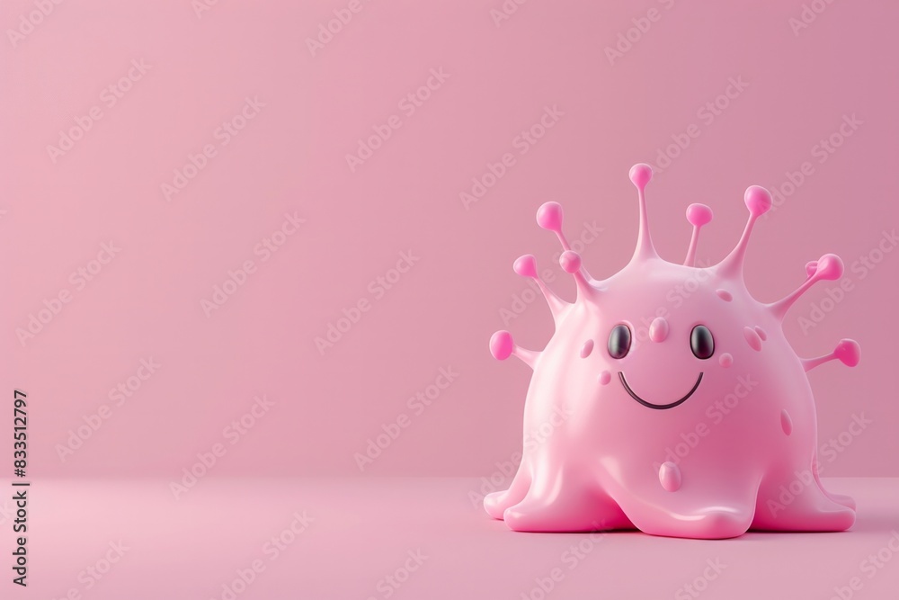 3d smiling pink monster or bacterium on a pink color background, copy space for text, minimalism. Concept: viruses, microorganisms, cartoon characters, illustration for children 3d smiling pink monster or bacterium on a pink color background, copy space for text, minimalism. Concept: viruses, microorganisms, cartoon characters, illustration for children
