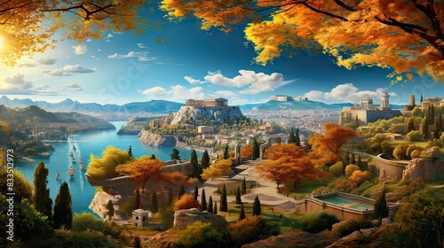 Beautiful autumn scene depicting the tranquil ancient Acropolis in Athens amidst vibrant fall foliage photo