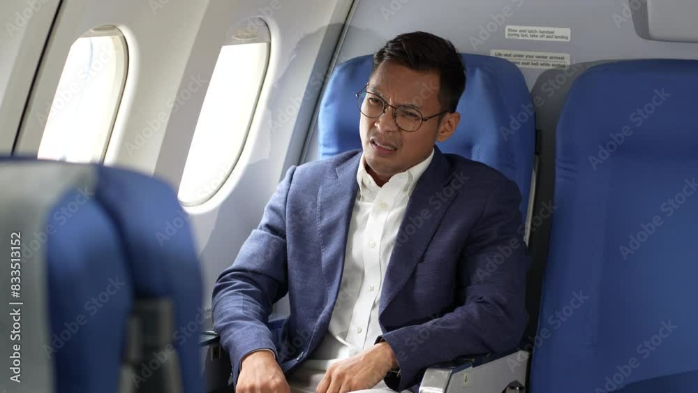 Tired businessman talking on the phone arguing work problems highlighting customer dissatisfaction while sitting in the airplane, Passengers near the window. Tired businessman talking on the phone arguing work problems highlighting customer dissatisfaction while sitting in the airplane, Passengers near the window.