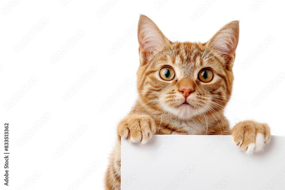 Adorable Ginger Kitten Holding Blank White Sign Isolated on White Background Adorable Ginger Kitten Holding Blank White Sign Isolated on White Background