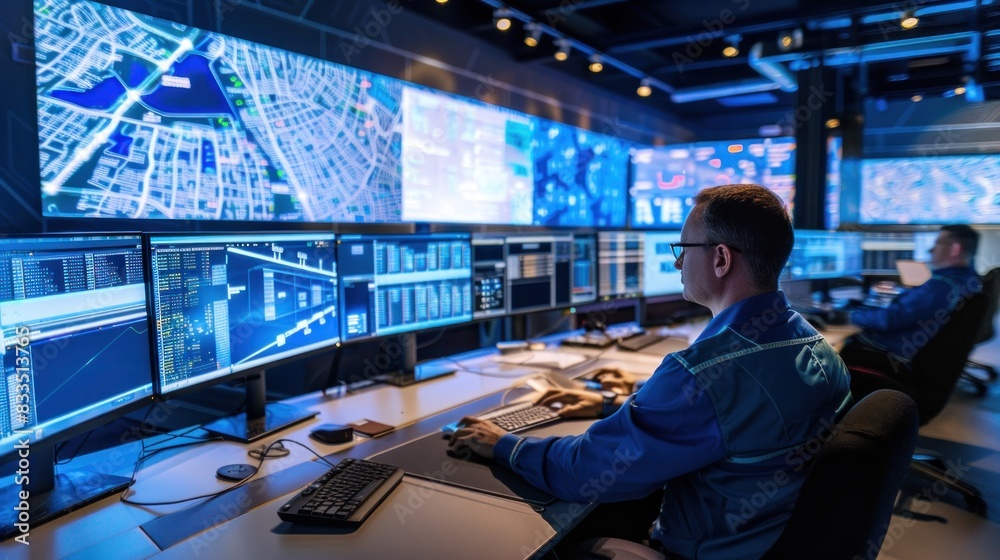A control room the system manager holds a briefing for his employees, several screens showing maps of logistics information A control room the system manager holds a briefing for his employees, several screens showing maps of logistics information