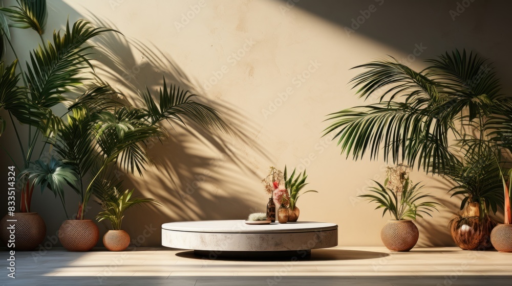 Serene living room scene with shadows cast by indoor plants and a central table with vases Serene living room scene with shadows cast by indoor plants and a central table with vases