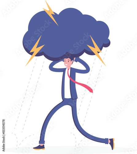 Businessmen in rain and lightning. bad mood condition, stress, depression, loneliness, feeling alone, moody, or sad. mental health problems. illustration concept design. vector elements

