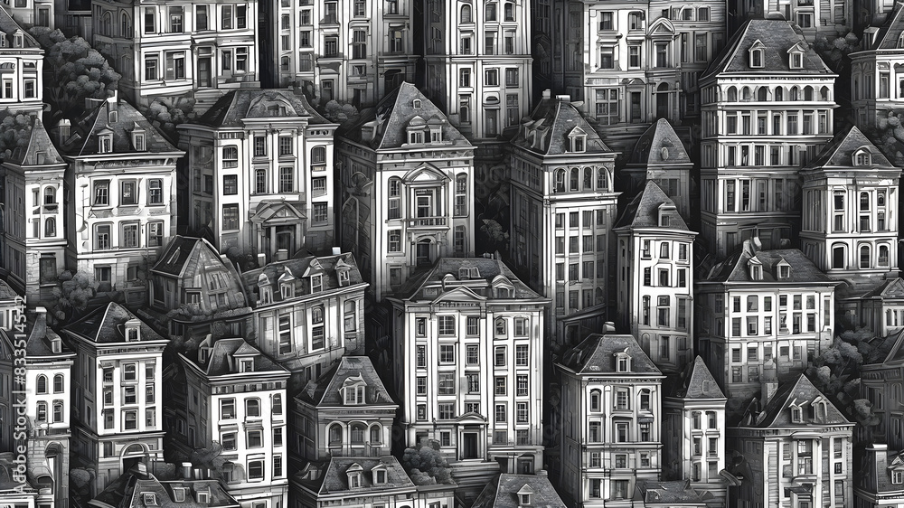 City Seamless Pattern is hand drawing of different building typologies. Illustration is in eps8 vector mode, black fill is on separate layer. Generative AI City Seamless Pattern is hand drawing of different building typologies. Illustration is in eps8 vector mode, black fill is on separate layer. Generative AI