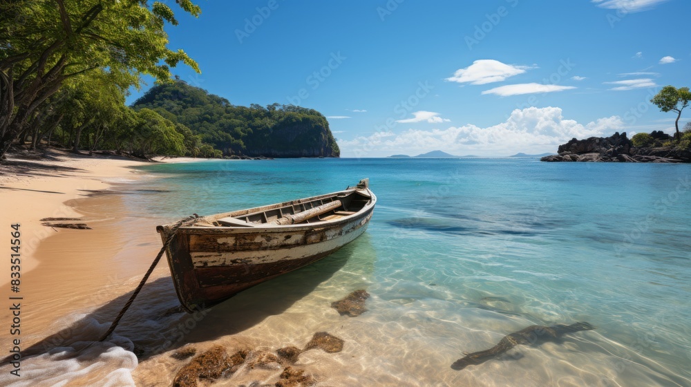 A tranquil beach with an old boat anchored ashore, showcasing crystal clear waters and a serene environment