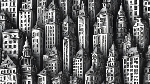 City Seamless Pattern is hand drawing of different building typologies. Illustration is in eps8 vector mode, black fill is on separate layer. Generative AI photo