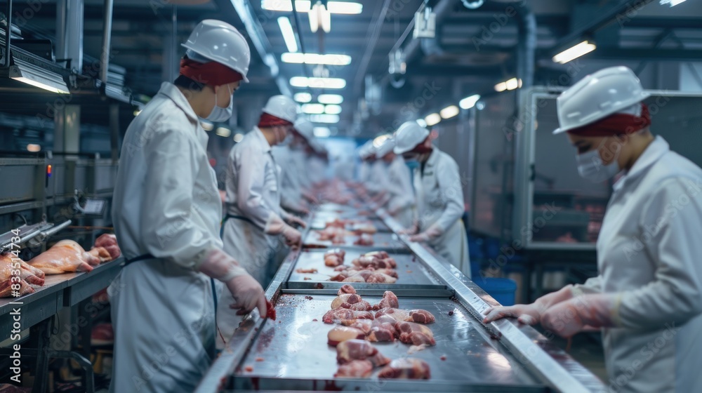 A working at a chicken factory.Automated production line in modern food factory. A working at a chicken factory.Automated production line in modern food factory.