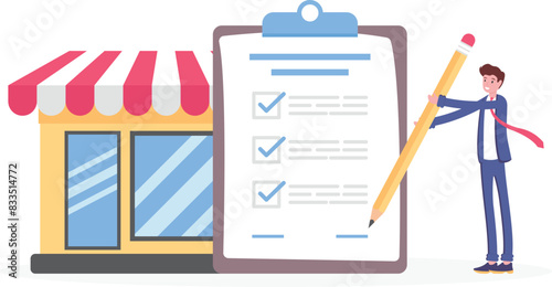 business license concept. a businessman signs a document. give or write a signature. permission letter to open a new business. terms, conditions and legality. illustration concept design
