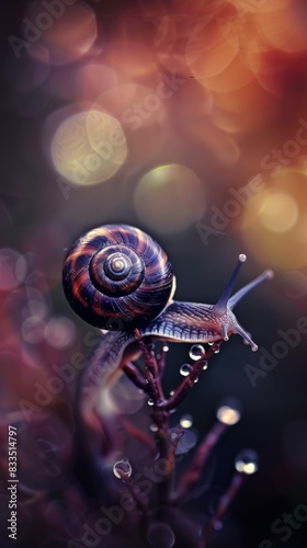 Close-up of a snail slowly crawling on a green plant