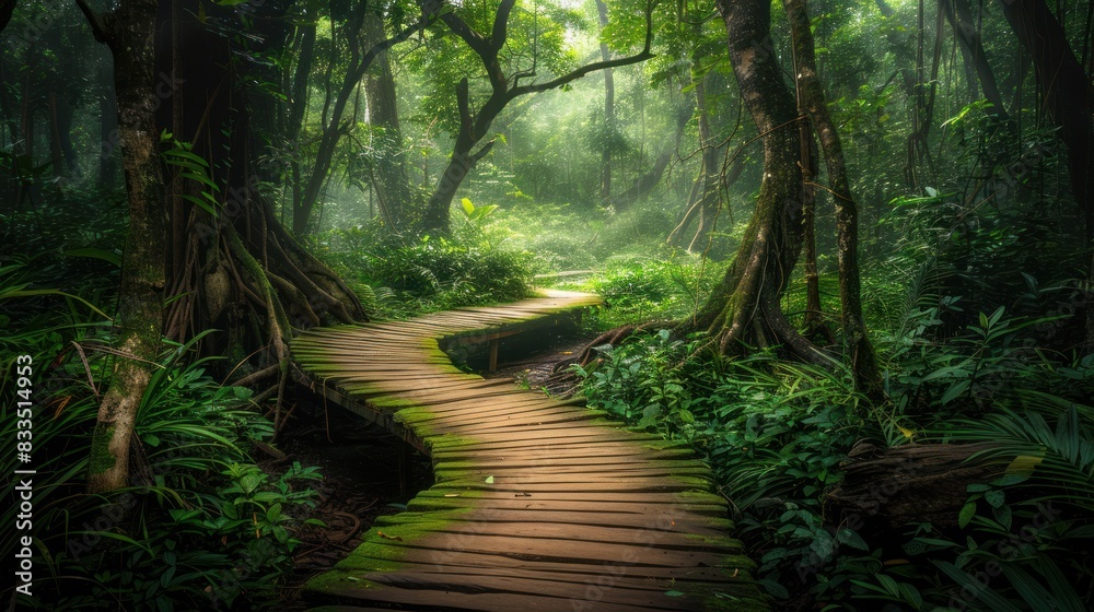 Obraz premium A wooden path going through a dense green forest, covered with green moss.