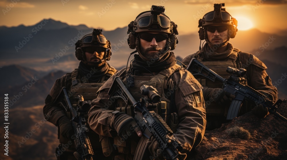 Three armed military persons standing with weapons during sunset Three armed military persons standing with weapons during sunset