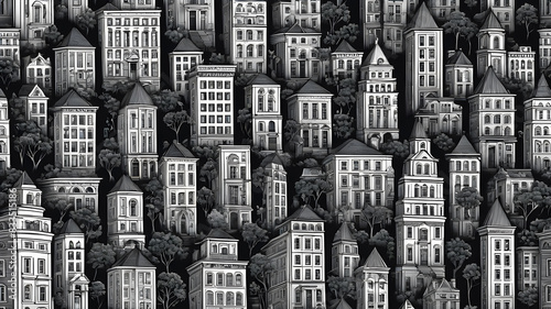 City Seamless Pattern is hand drawing of different building typologies. Illustration is in eps8 vector mode, black fill is on separate layer. Generative AI photo
